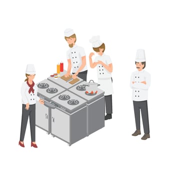 kitchen room and chef worker graphic vector illustration on white background