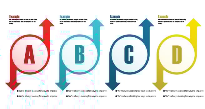 Section infographic template step guide for business information presentation. Vector banner circle and arrow pointing out. Modern workflow diagrams with example sentences. Report option plan 4 topics