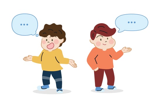 Cute kid boy with blank thought bubble mind. Cartoon hand drawn character vector isolated on white background.