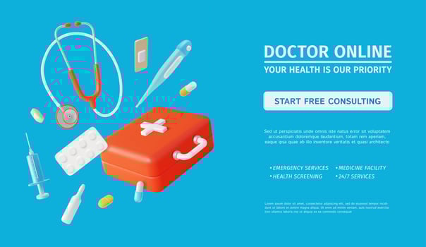 3d Doctor Online Consulting Ads Banner Concept Poster Card. Vector