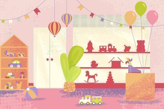 Cartoon Color Toys Shop Interior Inside Concept Flat Design Style. Vector illustration of Kid Goods Store