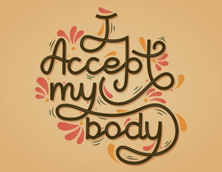 Vector Retro hand lettering, phrase I Accept My Body. Isolated freehand calligraphy.