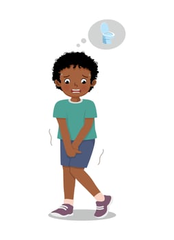 Cute little African boy need to pee holding urinary bladder want to go to toilet vector