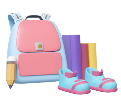 3d blue backpack, textbook, close book, sneakers, shoes, school bag, pencil icon isolated. back to school, education concept, 3d render illustration png