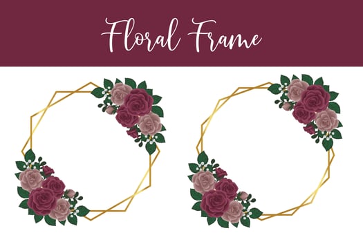 Floral Frame Maroon Rose flower Design Template, Digital watercolor hand drawn vector