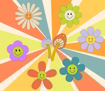 Groovy retro flowers poster. Vector smile flowers daisy. Weird graphic 60s