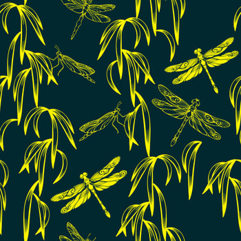 Dragonfly and leaf. Seamless pattern with tropical leaves, dragonflies. Vector. vector