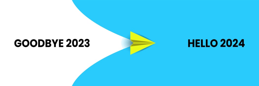 Goodbye 2023 hello 2024. Flying yellow airplane. Year plan idea concept for business leader, personality development idea concept. vector
