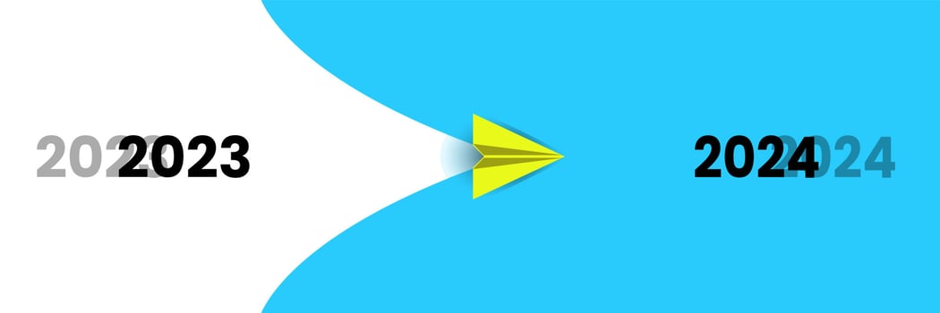 Yellow airplane flying from Year 2023 to Year 2024. New year idea concept with Business creativity new idea discovery innovation technology. vector