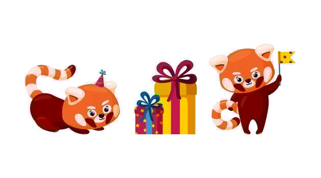Red pandas ready for a birthday party. Red panda with birthday hats, gifts and flags. Colorful vector illustration