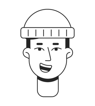 Thrilled man with wool beanie flat line monochromatic vector character head. Simple outline avatar icon. Editable cartoon user portrait. Lineart spot illustration for web graphic design and animation