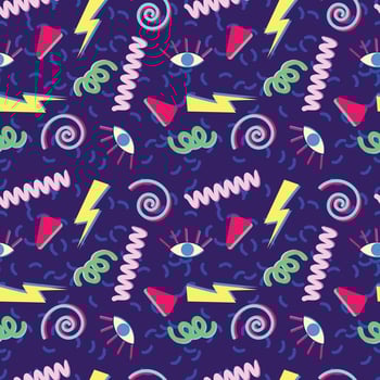 Seamless pattern with different geometric elements on purple background. Fashion, seamless pattern in hipster style of 80s-90s. vector