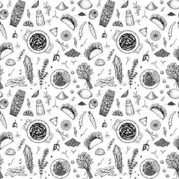 Food seamless pattern. Vector illustration in sketch style. Vintage background for restaurant menu and decoration