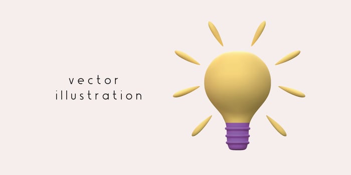 Vector 3D illustration of a light bulb. Feedback 3D render in purple and yellow.