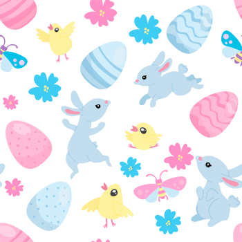 Happy Easter seamless pattern, cute blue bunnies and pastel Easter eggs and yellow chickens, bugs png