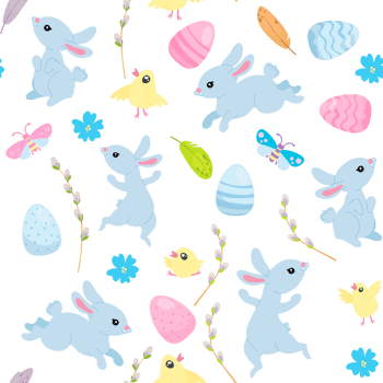 Happy Easter seamless pattern, cute blue bunnies and Easter eggs, willow trees, baby yellow chickens, bugs png