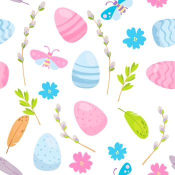 Happy Easter seamless pattern. Easter eggs, willow trees, bugs and flower png