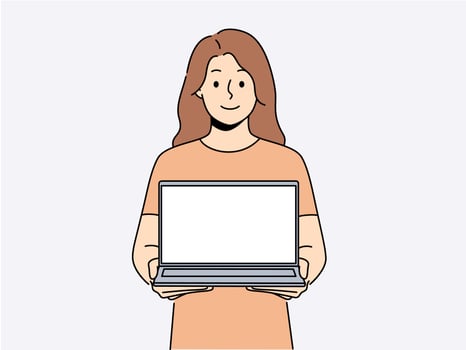 Smiling woman with open laptop. Happy female user with computer with empty mockup screen. Technology and advertising. Vector illustration.