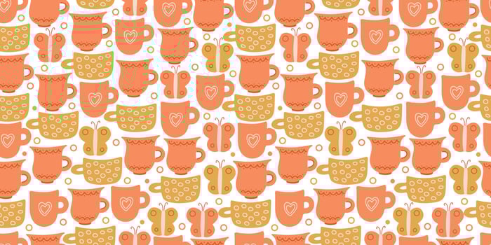 Vector seamless pattern with mugs and butterflies on white background. Great for linens, tablecloths, wallpapers, covers.