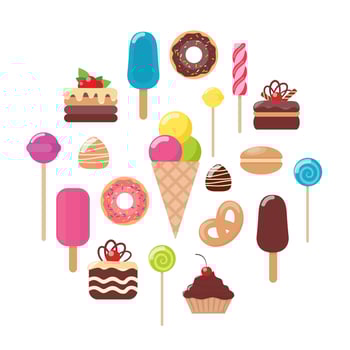Set of various sweets. Ice cream, cake, cake, donut, macaroon, Lollipop, candy, chocolate. Vector flat illustration.