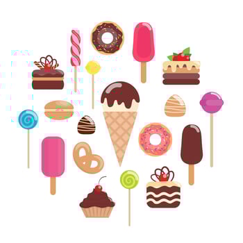 Set of various sweets. Ice cream, cake, cake, donut, macaroon, Lollipop, candy, chocolate. Vector flat illustration.