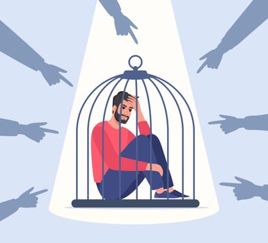 Unhappy male character locked in cage. Fingers pointing on sad man. Concept of bullying and violence in society. Victim man. Vector illustration.