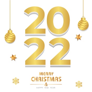 Merry Christmas and Happy New Year 2022. 2022 gold text, hanging Christmas ball with stars on white background. Merry Christmas and New Year Celebration. Greeting card, Vector illustration.