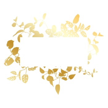Trendy gold tropical leaves of different creepers with white sheet. Card with exotic liana leaves frame. vector
