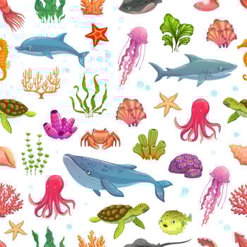 Cartoon ocean animals and fish seamless pattern vector