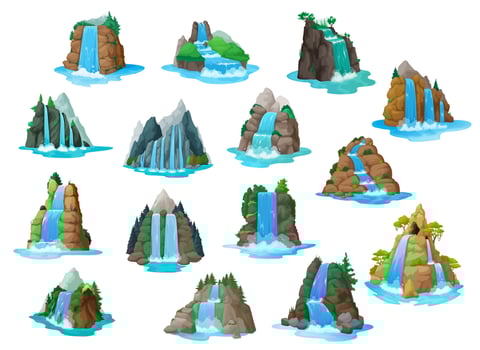 Waterfall and water cascades, cartoon game assets vector
