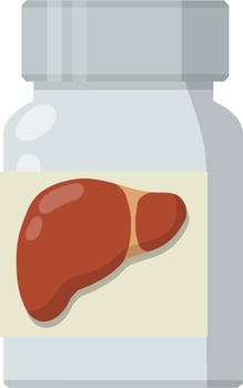 Liver disease. Drug and pill in white container. Treatment of human internal organs. Medication and tablets. Pharmacy and hospital element. Flat icon illustration vector