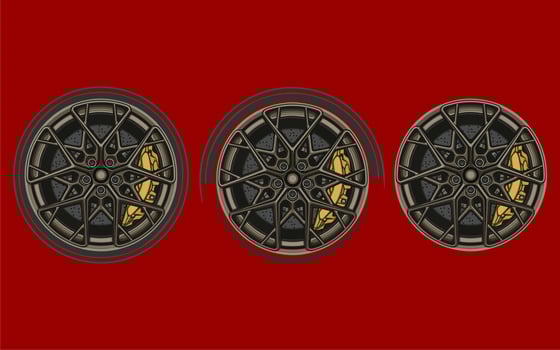 Car wheel and rims. Vector illustration, wheels gold silver black, Car Wheel 3D illustration, Car wheel, set. Realistic design. Vector illustration
