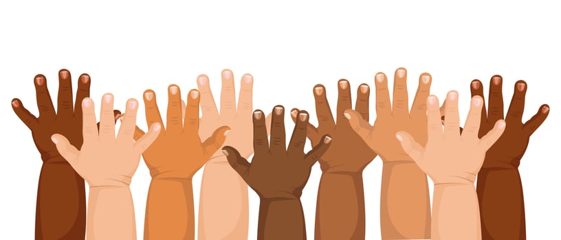 Children's hands of different skin colors on a white background. Toddler hands. Illustration, vector