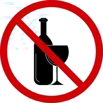 Sign no alcohol. Forbidding sign stop alcohol. Sign red crossed circle with silhouette of a bottle and wineglass. You cannot drink alcoholic beverages. Round red sign. vector
