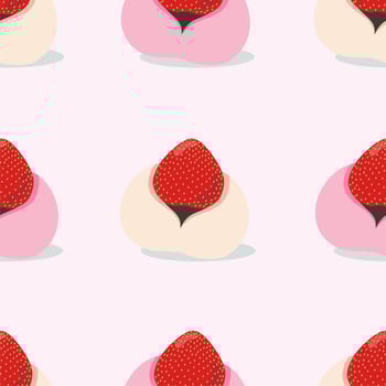 Cute strawberry mochi seamless pattern. Daifuku traditional Japanese dessert. Asian food. Stock vector illustration.