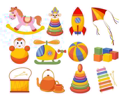 Set of children's toys. Rocket, doll, pyramid, rocking horse, helicopter and drums on a white background. Baby toys icons, vector