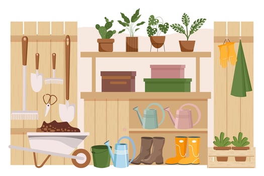 Gardening room, interior. Garden tools, farm clothes, boots, gloves, wheelbarrow and plants on the shelves. Illustration, vector. vector