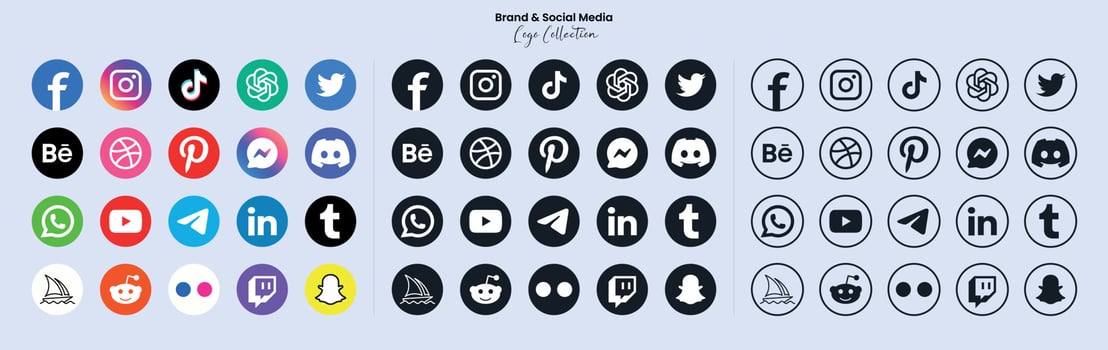 Popular social network symbols, social media logo icons collection, instagram, facebook, twitter, youtube, chatgpt, midjourney, disccord and etc. social media icons vector