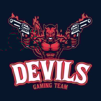devil mascot character logo with pair of pistols vector
