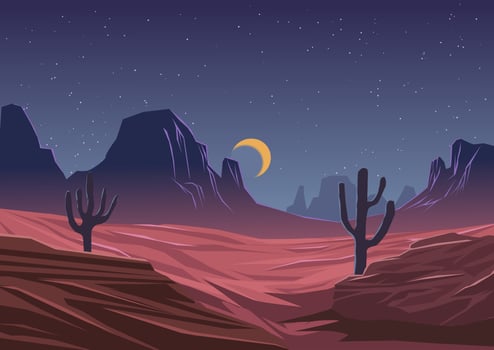 Vector desert night landscape with moon and stars