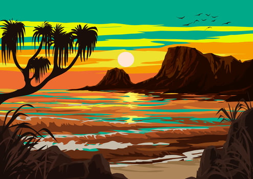 Vector beach sunset illustration with hills in background