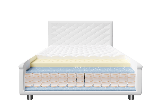 3d layered sheet material mattress with air fabric, pocket springs, natural latex, memory foam isolated. 3d render illustration png