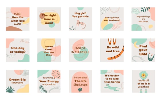 Social media post banner Square layout templates for social media, mobile apps banner design. Social media pack. Vector illustration. Tropical summer nature, wild cats, tiger, leopard, abstact shapes.