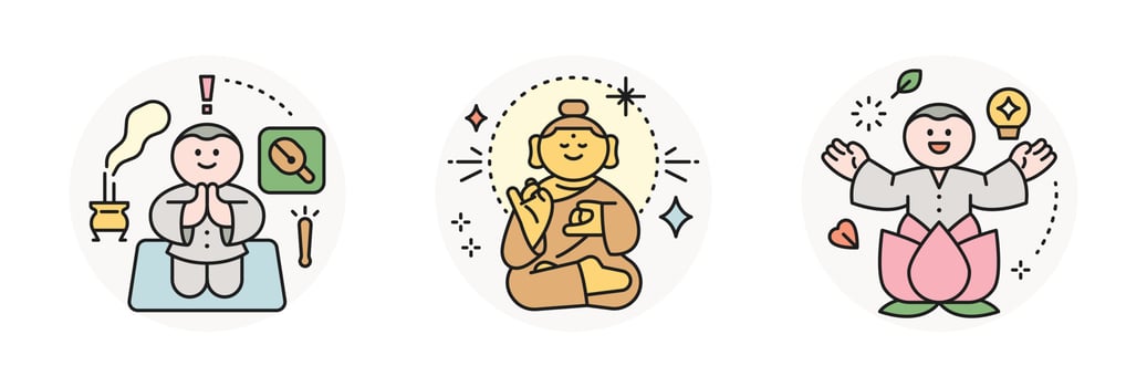 Buddhas Birthday. Praying monk, golden Buddha statue, lotus flower and monk. vector