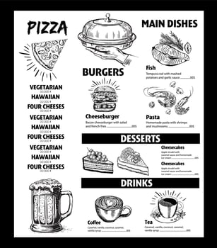 Menu restaurant brochure. Flyer with hand-drawn graphic. vector
