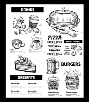 Menu restaurant brochure. Flyer with hand-drawn graphic. vector