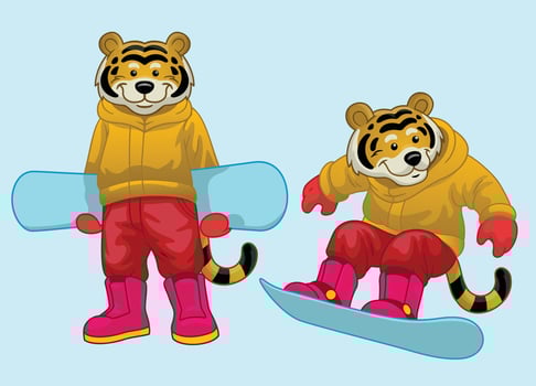Set of Cartoon Tiger mascot riding snowboard vector