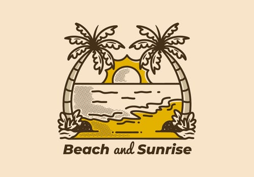 illustration of Two coconut trees and big sun on the beach vector