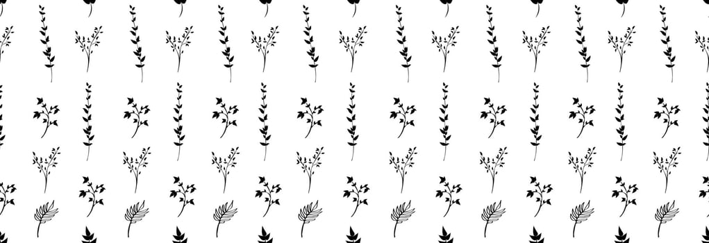 Flower plants with leaves of different shapes on a white background. Seamless pattern. vector
