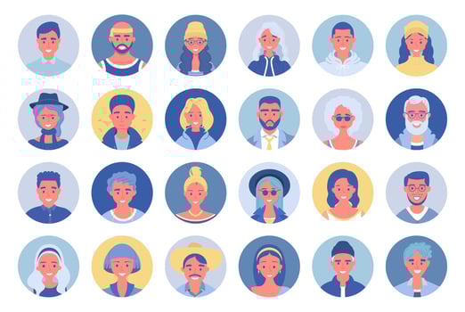 People avatar bundle set. User portraits. Different human face icons. Male and female characters. Smiling men and women characters. Flat cartoon style vector illustration